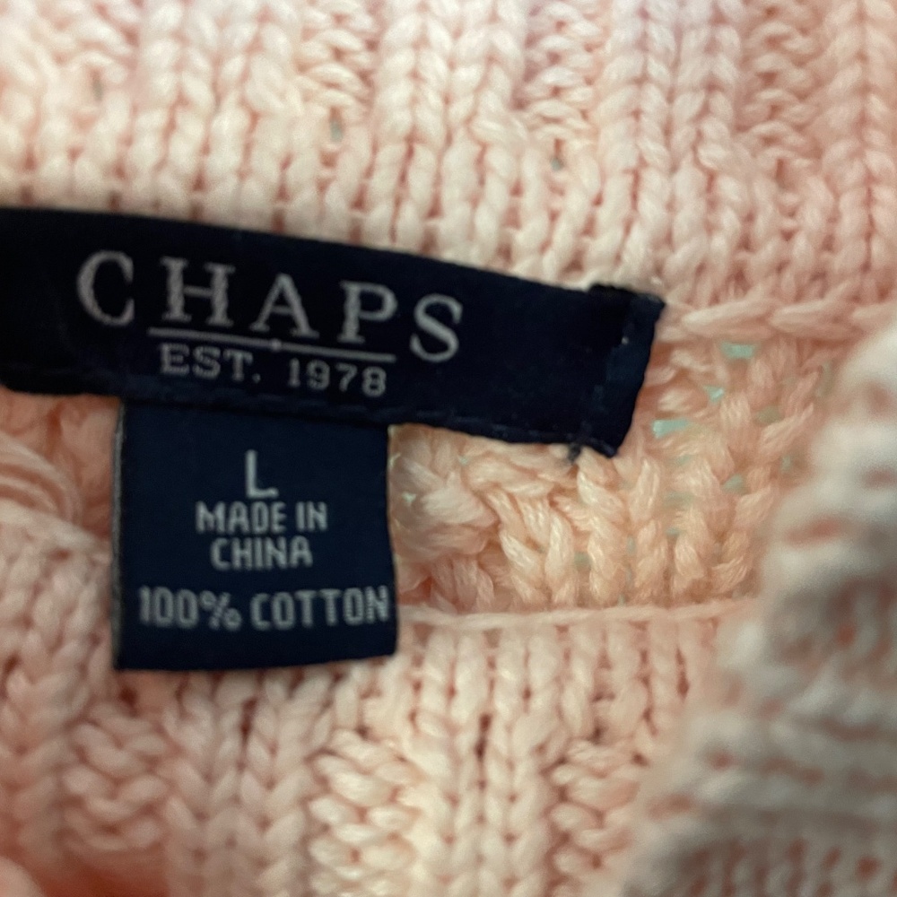 Title: Chaps • Ralph Lauren Pink CHANKY Cable Knit Mock Neck Sweater • Size L - Picture 3 of 9